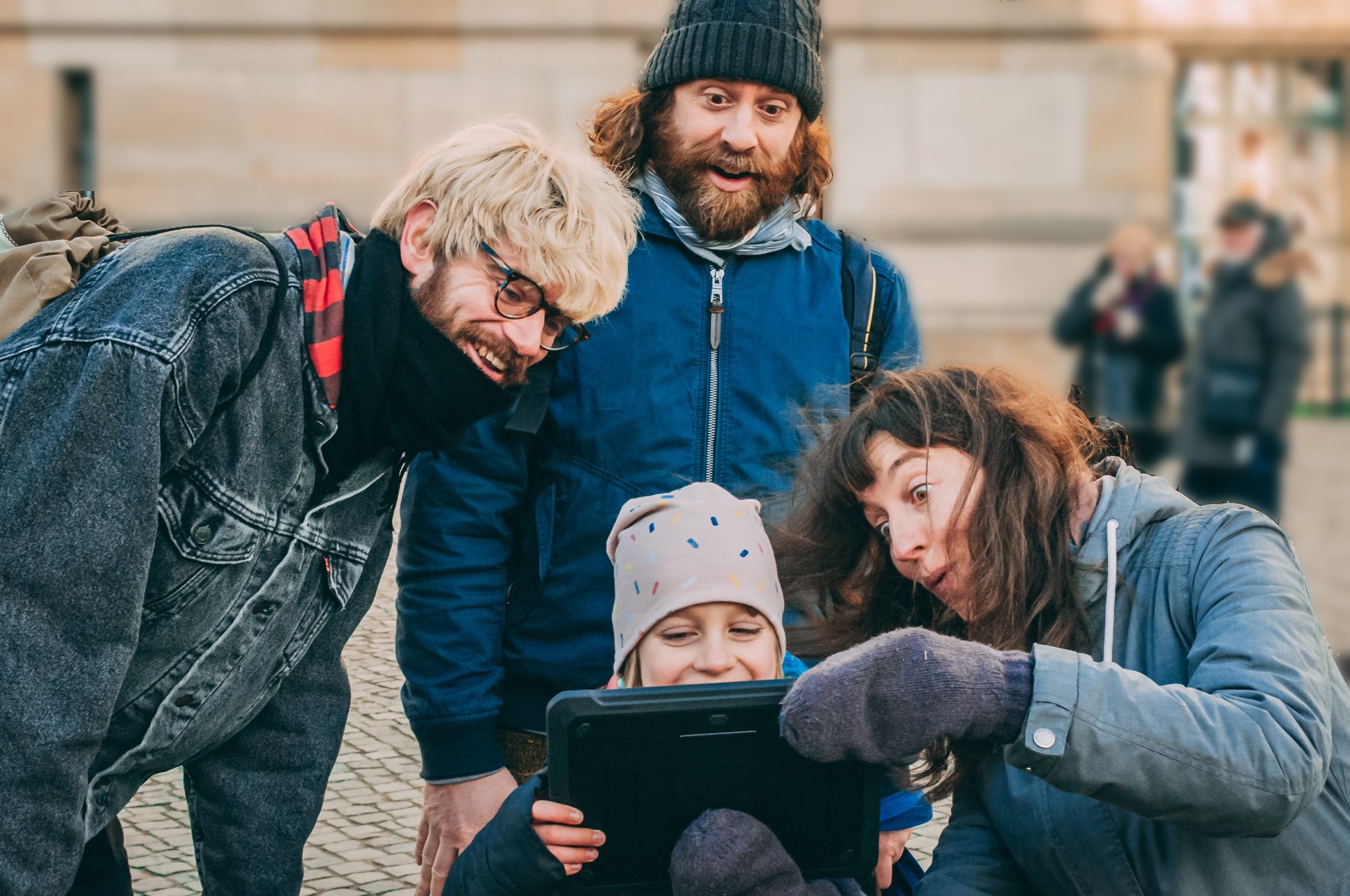 Four friends solving a outdoor escape game